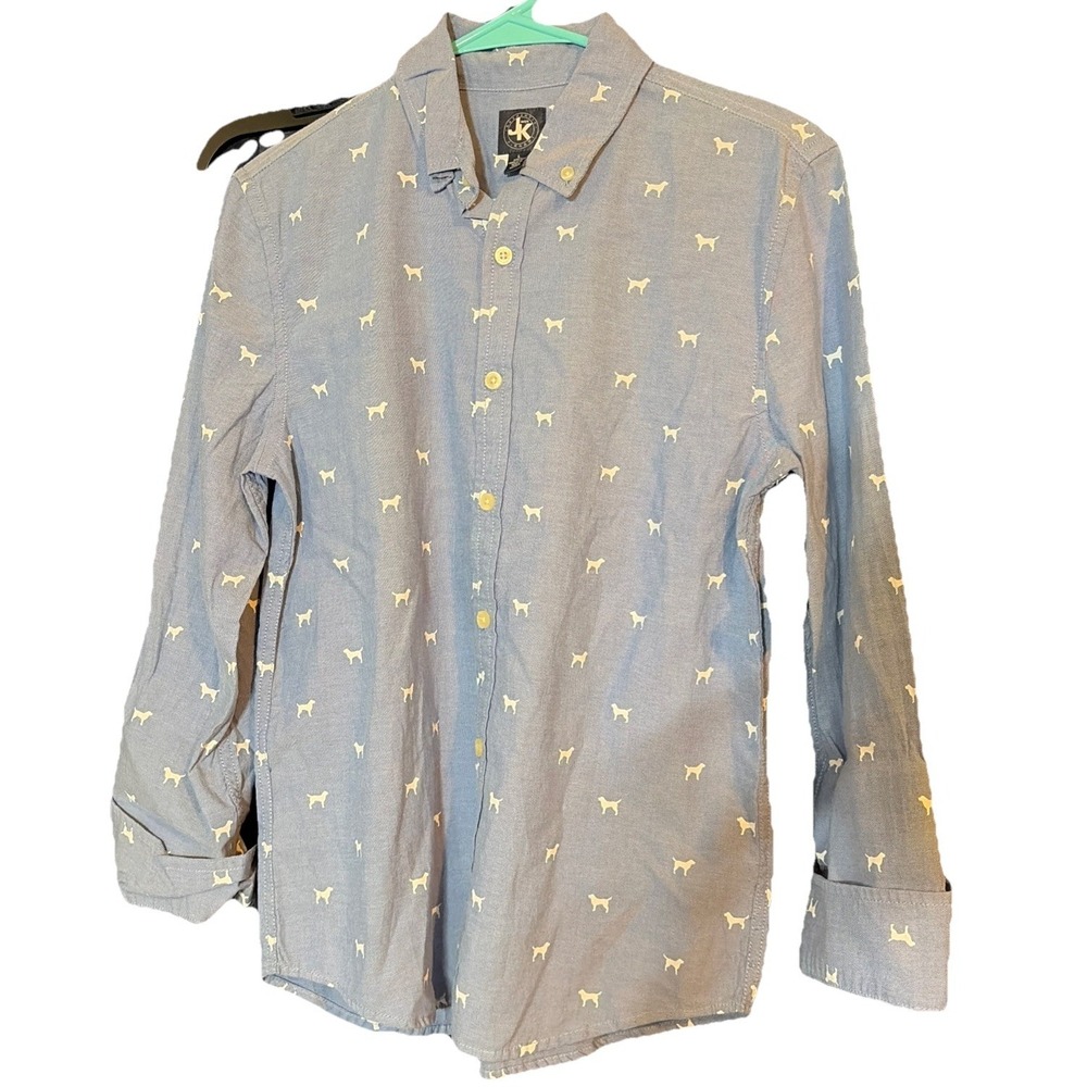 J. Khaki Boys Large  Blue W/ White Dog Print Button Down Shirt NWT